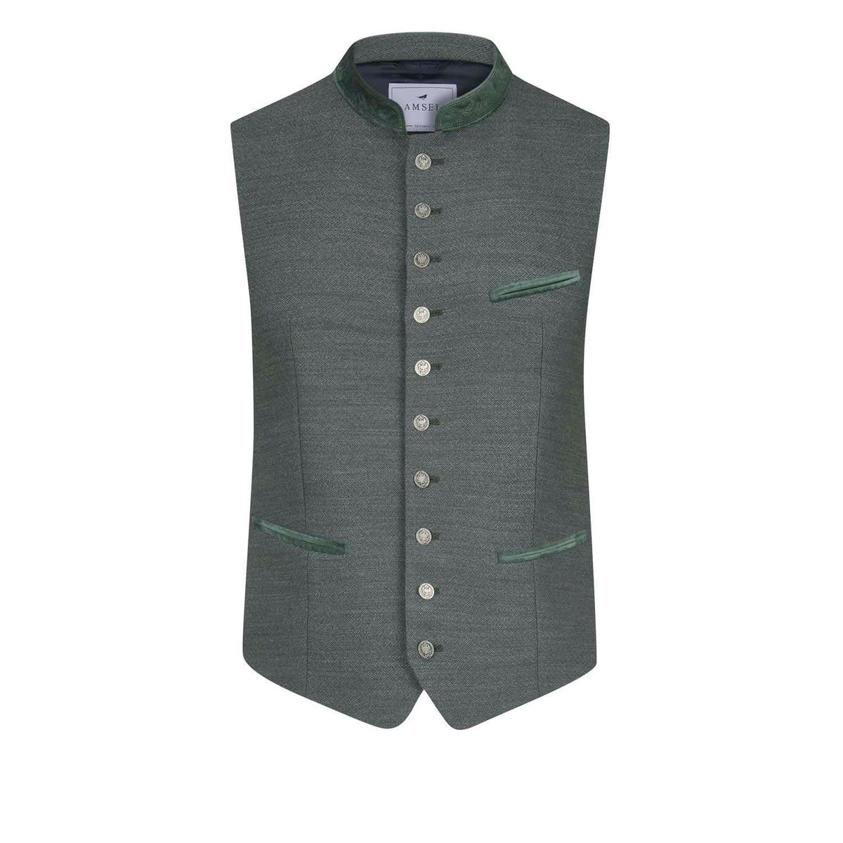 Trachtenweste Alex in Eucalyptus mit Samtkragen und Münzknöpfen – Vorderansicht