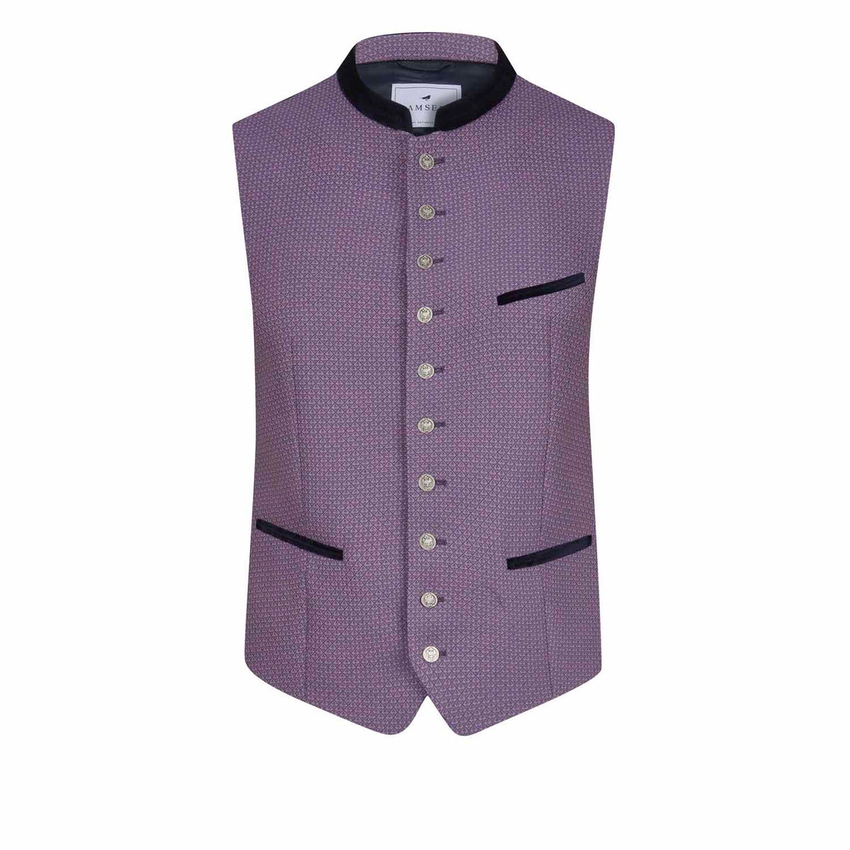 Fliederfarbene Trachtenweste mit feinem Muster, Stehkragen aus dunkelblauem Samt und silbernen Münzknöpfen – stilvolle Vorderansicht