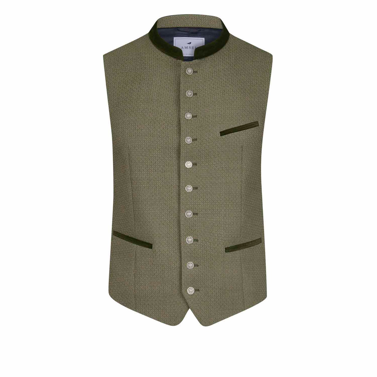 Hellolivfarbene Trachtenweste mit grünem Samtkragen, Musterstoff und silbernen Münzknöpfen – elegante Vorderansicht