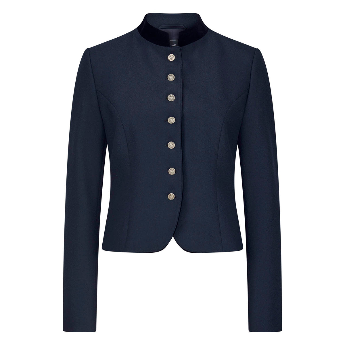 Dunkelblauer Damenblazer mit Samt-Stehkragen und silberfarbenen Münzknöpfen – elegante Vorderansicht