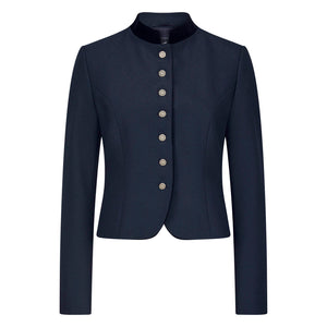 Dunkelblauer Damenblazer mit Samt-Stehkragen und silberfarbenen Münzknöpfen – elegante Vorderansicht