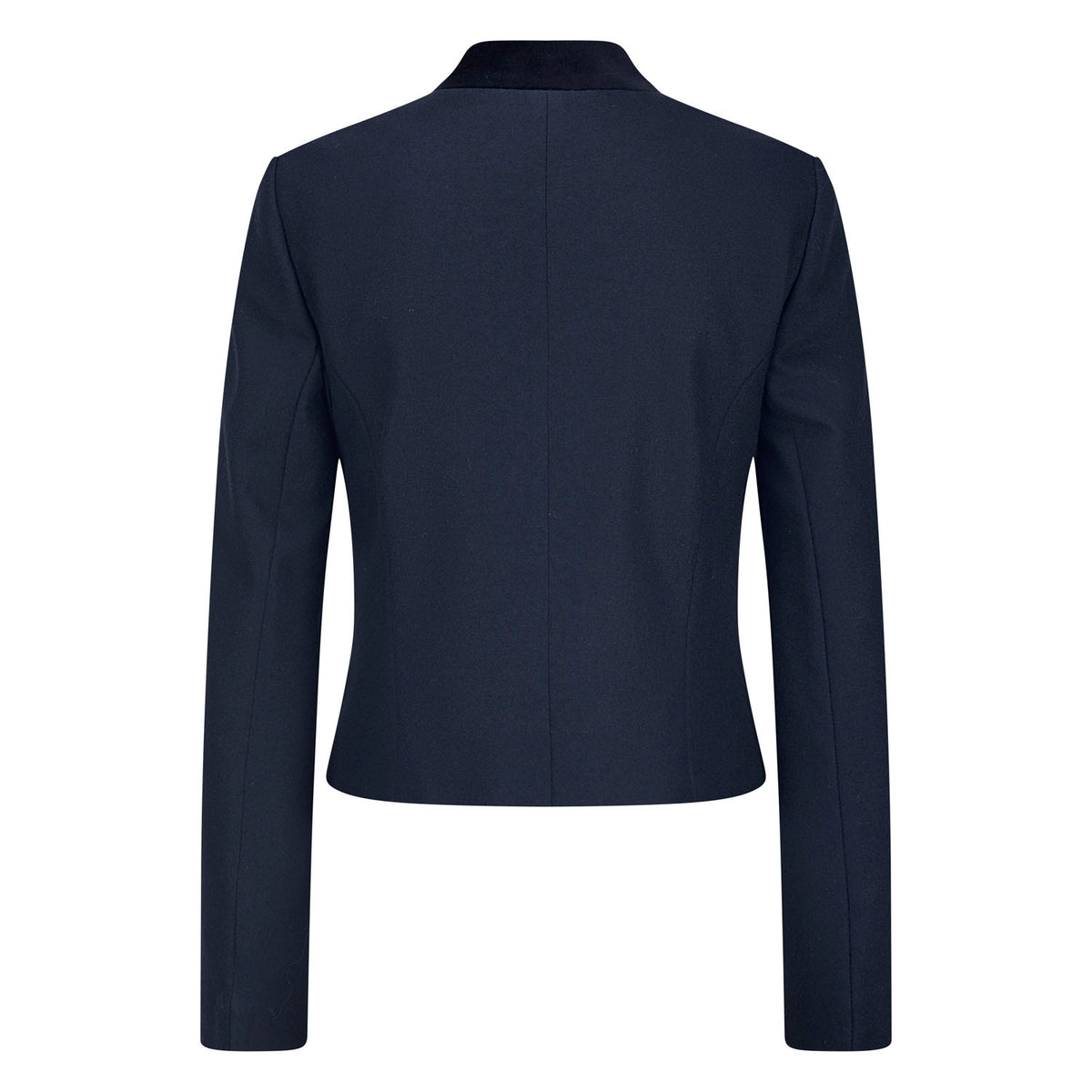 Dunkelblauer Damenblazer mit leicht tailliertem Schnitt und Samtkragen – Rückansicht auf hellem Hintergrund