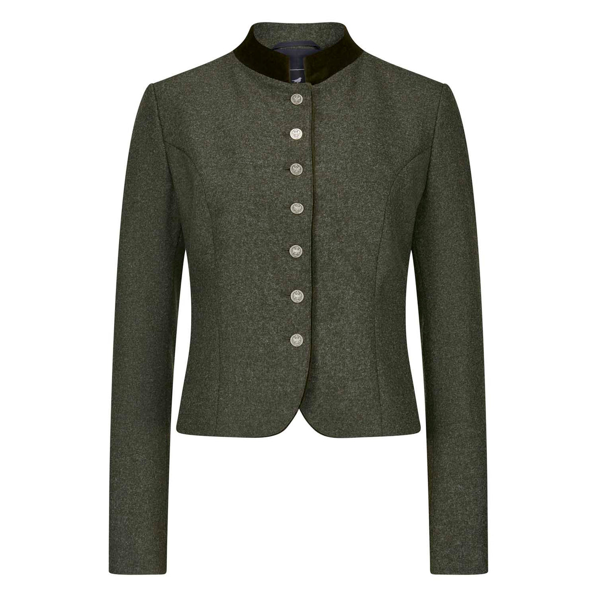 Damenblazer in Oliv mit Stehkragen aus Samt und silberfarbenen Knöpfen – elegante Vorderansicht