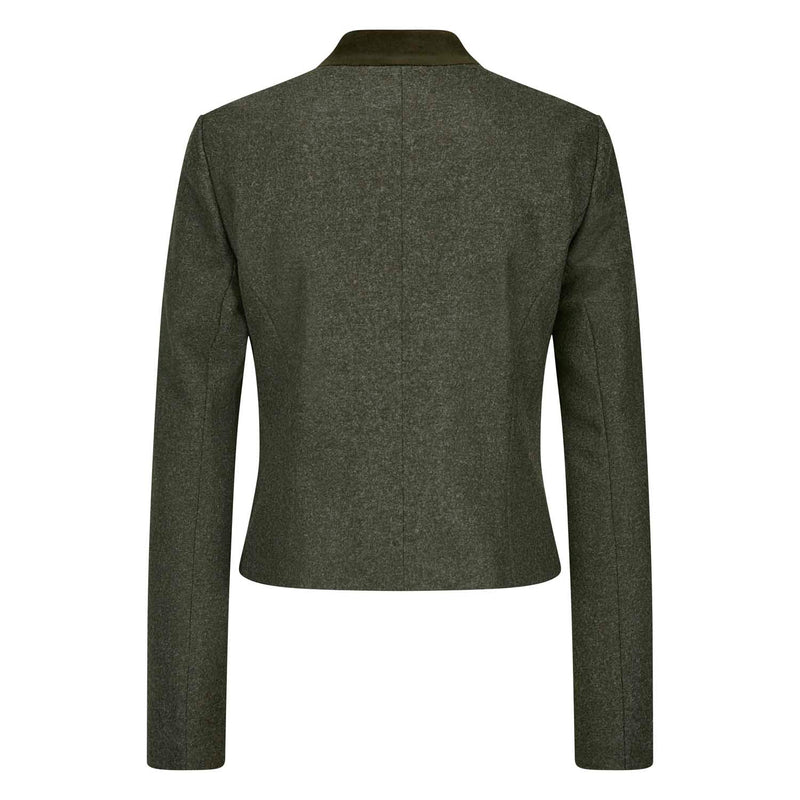 Damenblazer in Oliv mit geradem Rücken und Stehkragen – schlichte Rückansicht