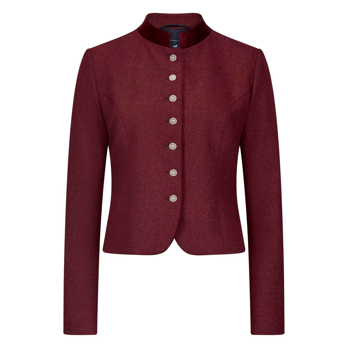 Roter Damenblazer mit Stehkragen aus Samt, Münzknöpfen und taillierter Silhouette – Vorderseite