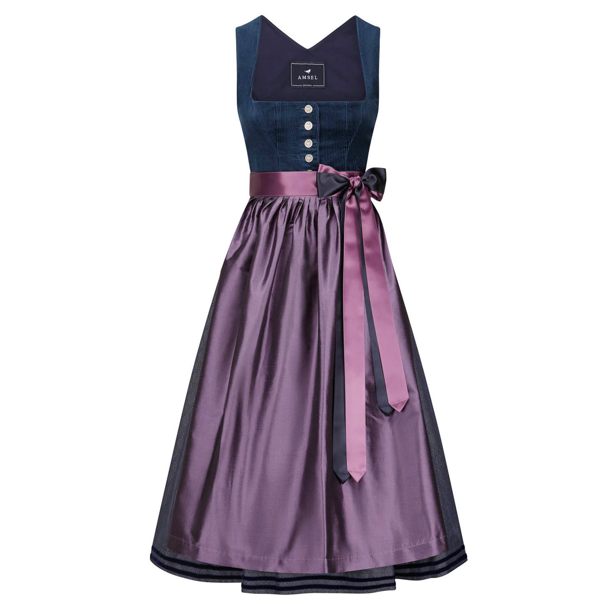 Blaues Corddirndl mit Seidenschürze in Beere, klassischer Ausschnitt und silberne Knöpfe – elegante Vorderansicht