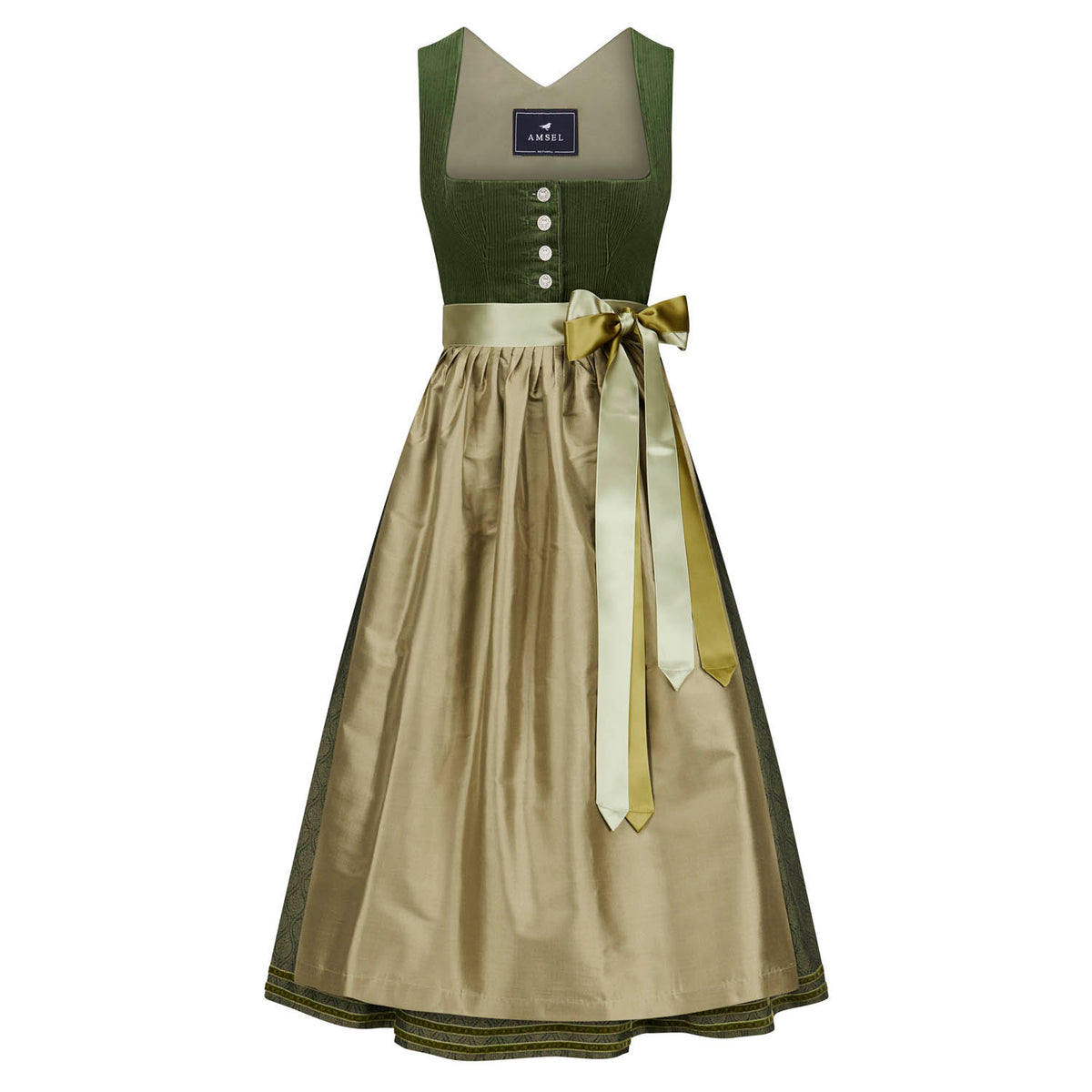 Olivgrünes Corddirndl mit goldfarbener Seidenschürze, doppelt gelegte Satinbänder – elegante Vorderansicht