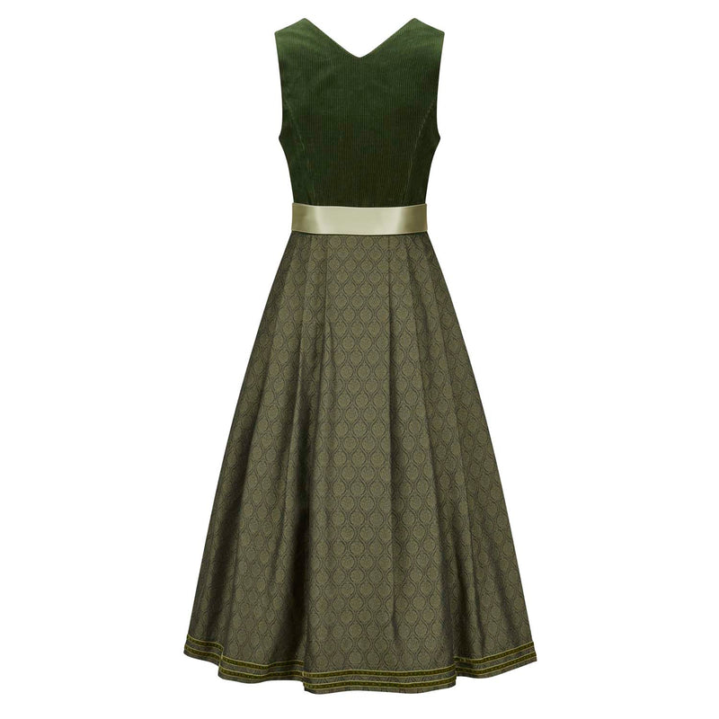 Langes Corddirndl in Oliv mit gemustertem Rock und schlichter Rückenansicht