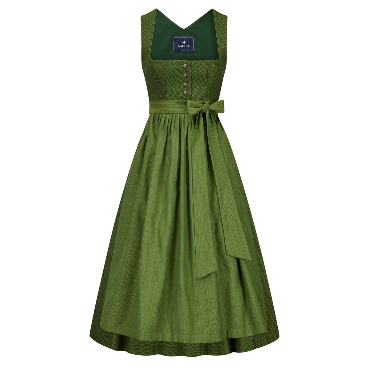 Grünes Dirndl mit gemusterter Baumwollschürze und V-Ausschnitt – elegante Vorderansicht