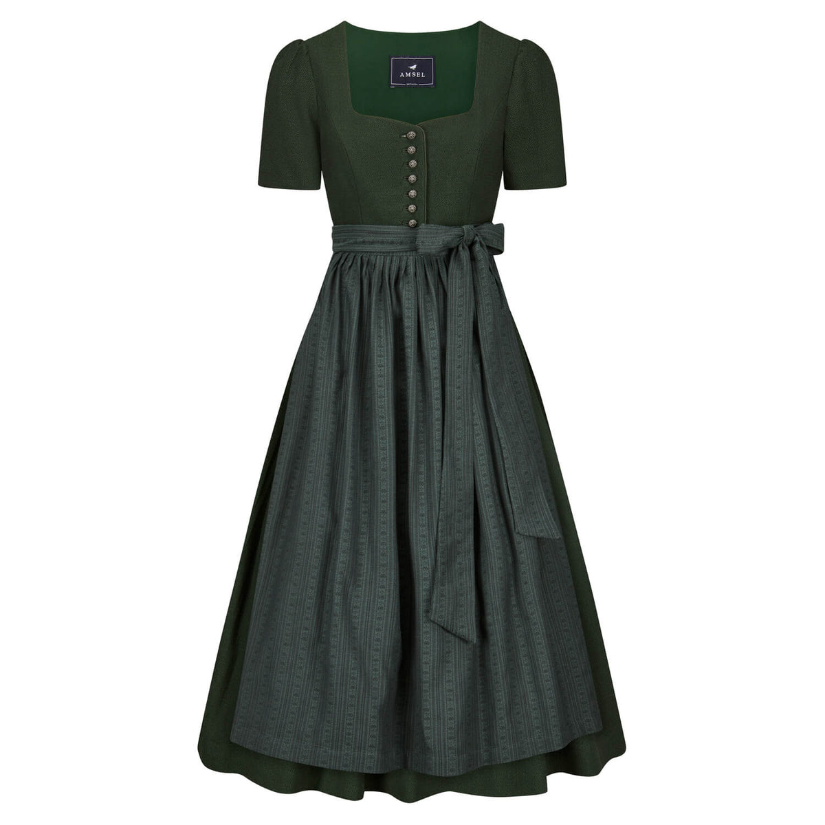 Grünes Dirndl mit Ärmeln, schlichter Knopfleiste und gemusterter Schürze – elegante Vorderansicht