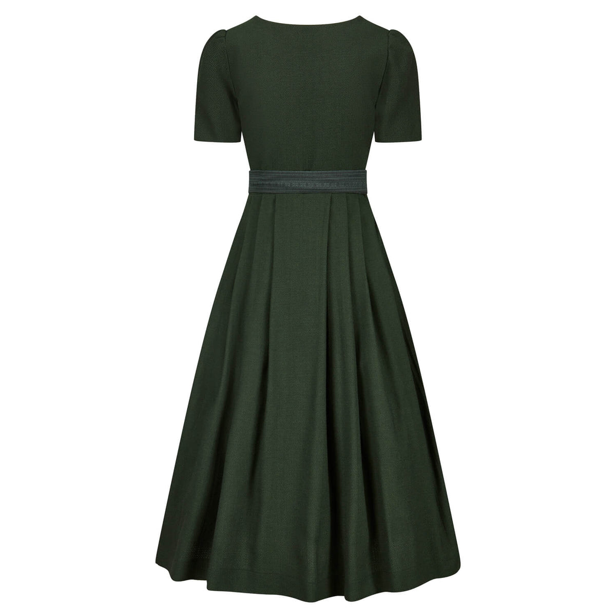 Grünes Dirndl mit schlichtem Rücken, angesetztem Rock und Taillenband – Rückenansicht