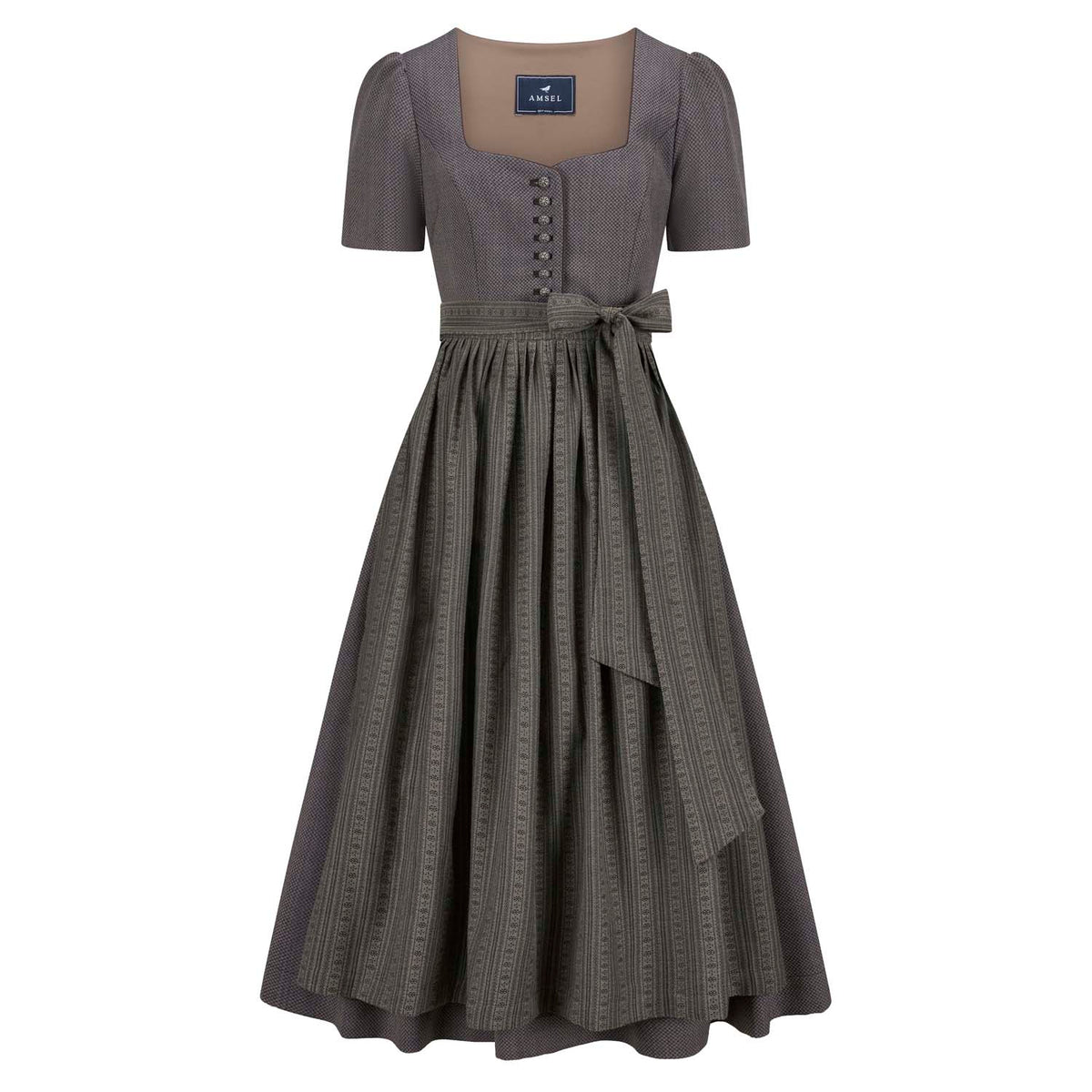 Langes Dirndl in Taupe mit Ärmeln, gemusterter Schürze und klassischem Ausschnitt – Vorderansicht