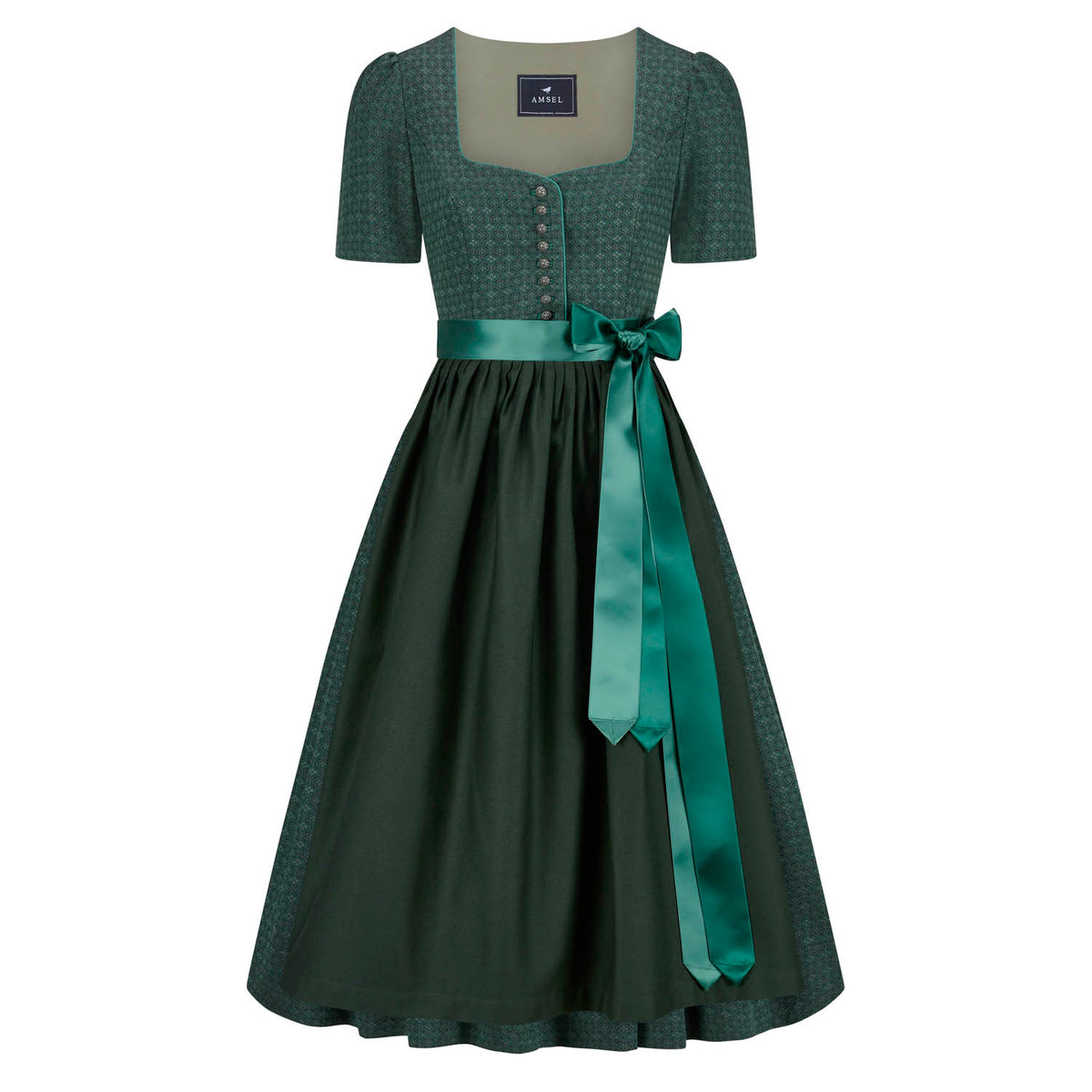 Langes Dirndl in Tannengrün mit Ärmeln, klassischem Ausschnitt und Baumwollschürze mit Satinband – elegante Vorderansicht