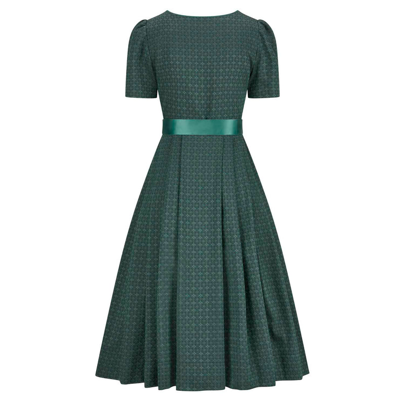 Tannengrünes Dirndl mit feinem Rautenmuster, langen Rock und verdecktem Reißverschluss – Rückenansicht