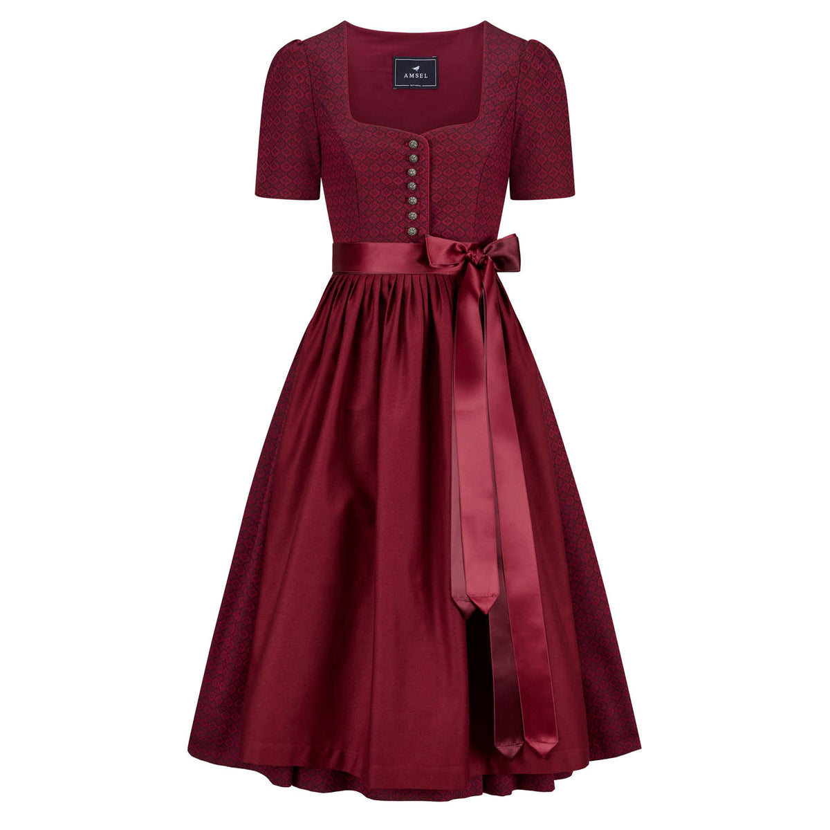 Rotes Dirndl mit Rautenmuster, halblangem Arm, Münzknöpfen und Satinbandschürze – elegante Vorderansicht
