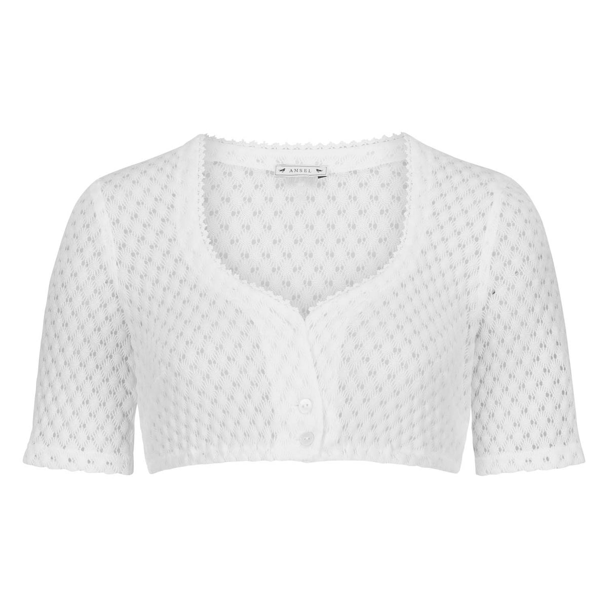 Weiße Dirndlbluse aus hochwertiger Spitze mit Stretch, Knopfleiste und kurzem Arm – Modell Aurelia von Amsel Fashion.
