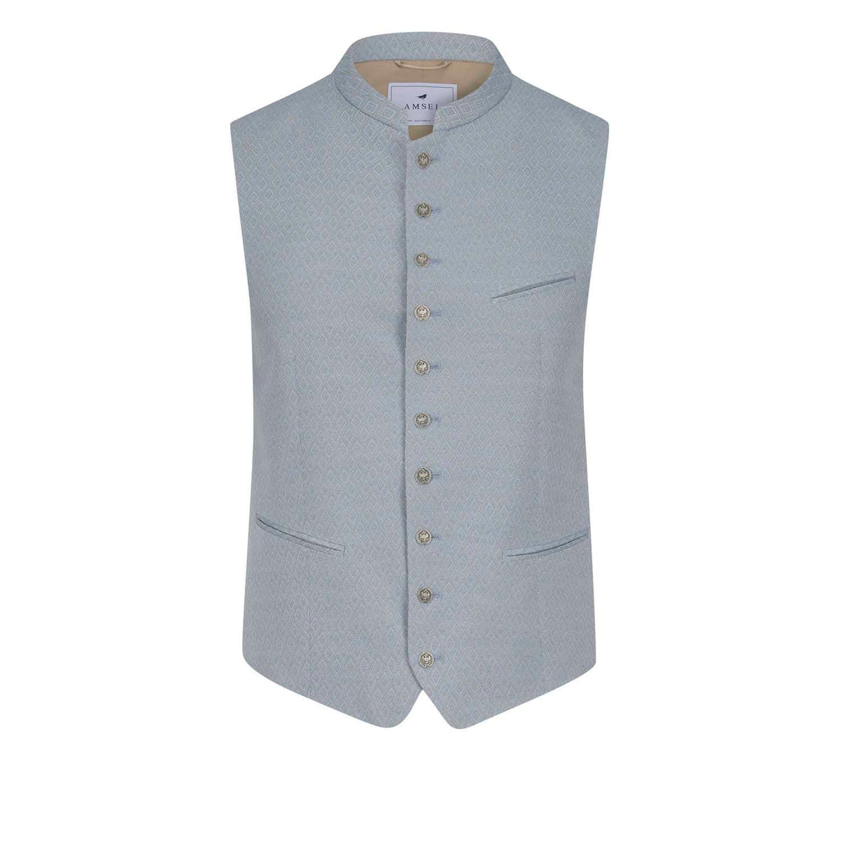 Hellblaue Trachtenweste mit feinem Rautenmuster, Stehkragen und silbernen Münzknöpfen – elegante Vorderansicht