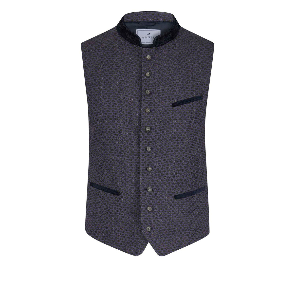 Fliederfarbene Trachtenweste mit feinem Muster, besticktem Samtkragen und silbernen Münzknöpfen – stilvolle Vorderansicht