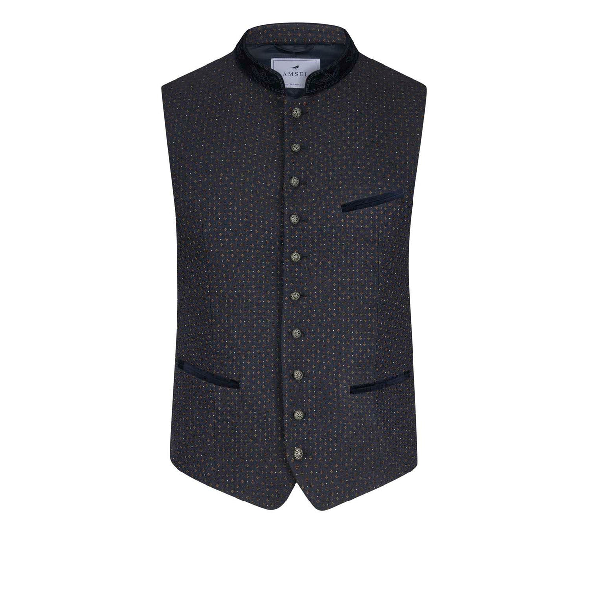 Navyfarbene Trachtenweste mit feinem Muster, besticktem Samtkragen und silbernen Münzknöpfen – elegante Vorderansicht