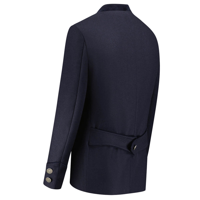 Rückenansicht Herrenjanker in Blau mit Dragoner am Rücken und Samtkragen