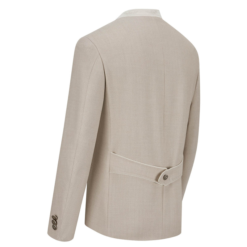 Rückansicht eines naturfarbenen Jankers mit Rückriegel, hell abgesetztem Kragen und traditionellen Knöpfen