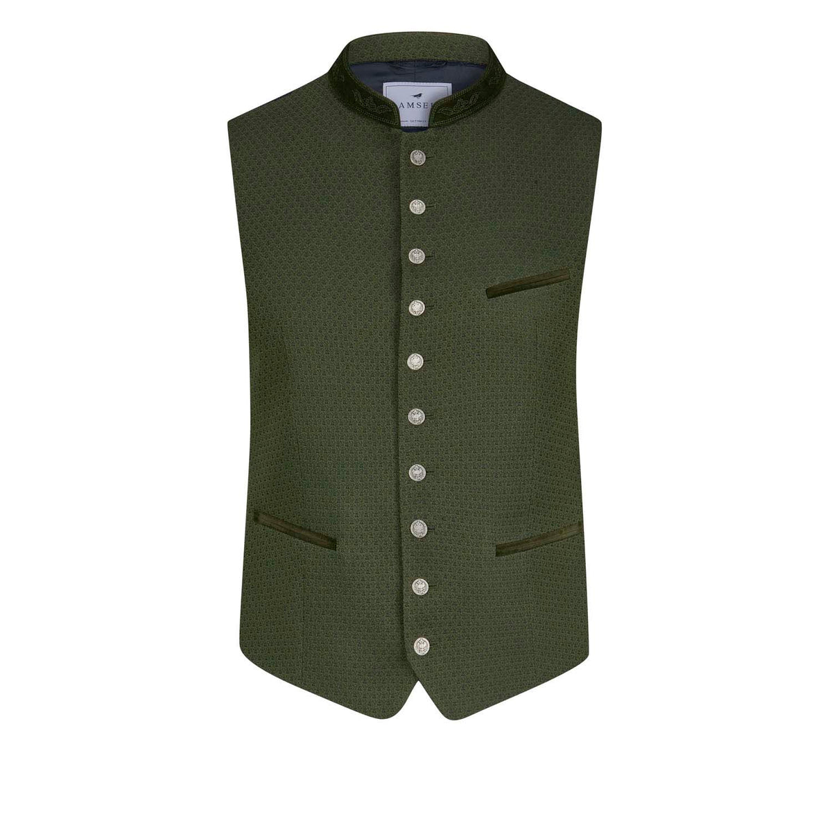Olivfarbene Trachtenweste mit Muster, besticktem Samtkragen und silbernen Münzknöpfen – elegante Vorderansicht