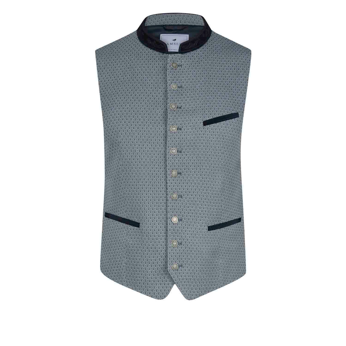 Silberblaue Trachtenweste mit Stehkragen aus Samt und silberfarbenen Münzknöpfen – elegante Vorderansicht