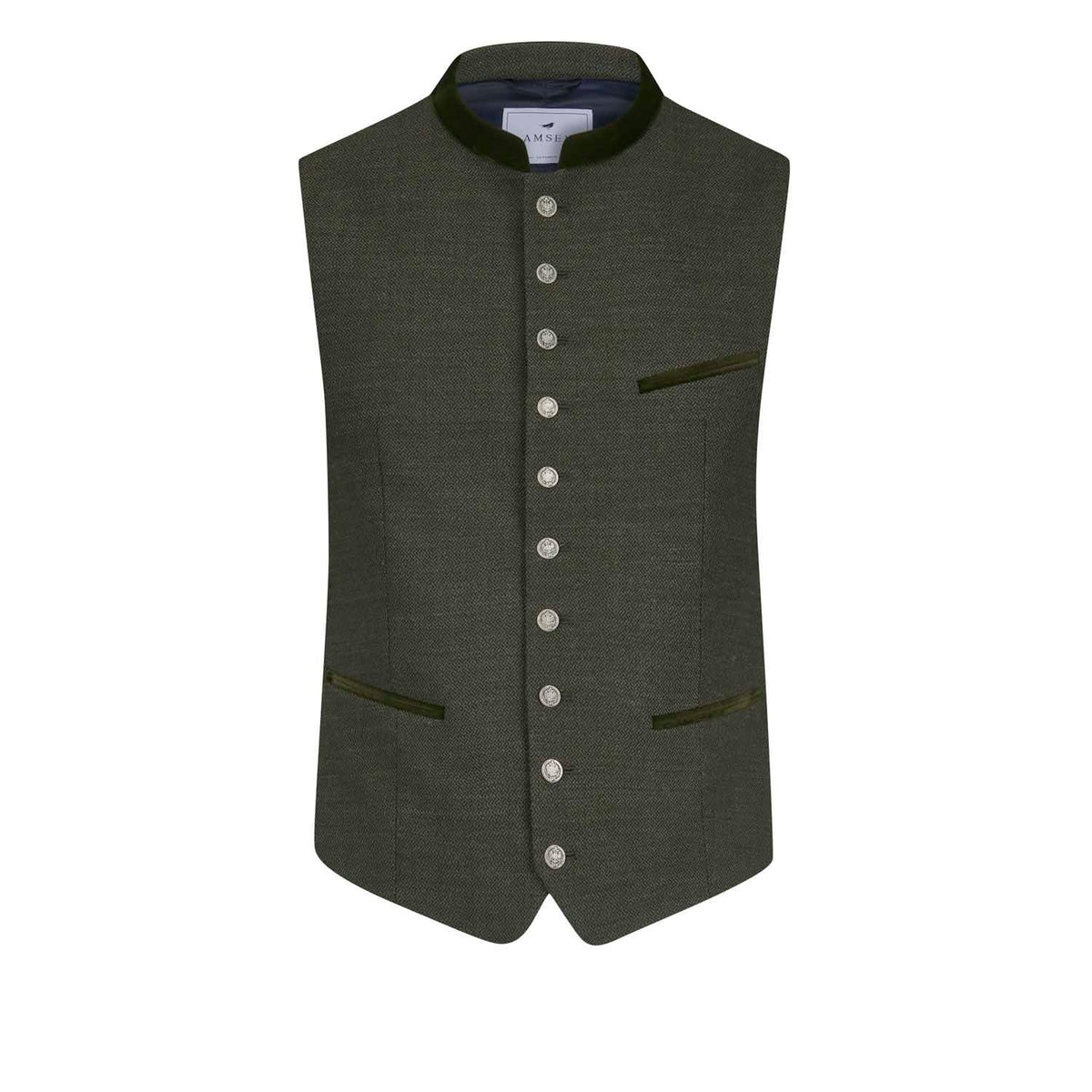Olivfarbene Trachtenweste mit Samtkragen und paspelierten Taschen – schlichte, elegante Vorderansicht