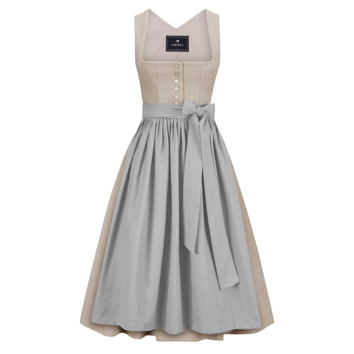 Hochzeitsdirndl in Beige mit Knopfleiste und leicht blauschimmernder Schürze