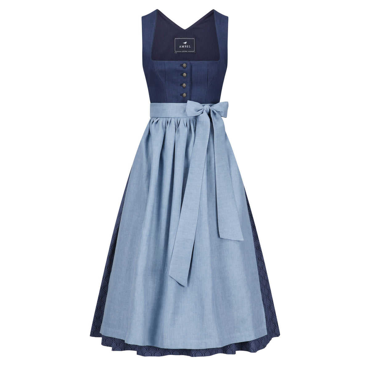 Blaues Leinendirndl mit hellblauer Leinenschürze, Knopfleiste und gemustertem Rock – elegante Vorderansicht