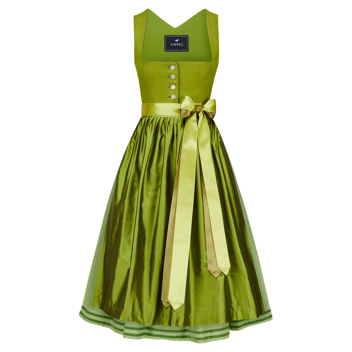 Leinendirndl in Grasgrün mit Seidenschürze und Satinbändern – elegante Vorderansicht mit V-Ausschnitt