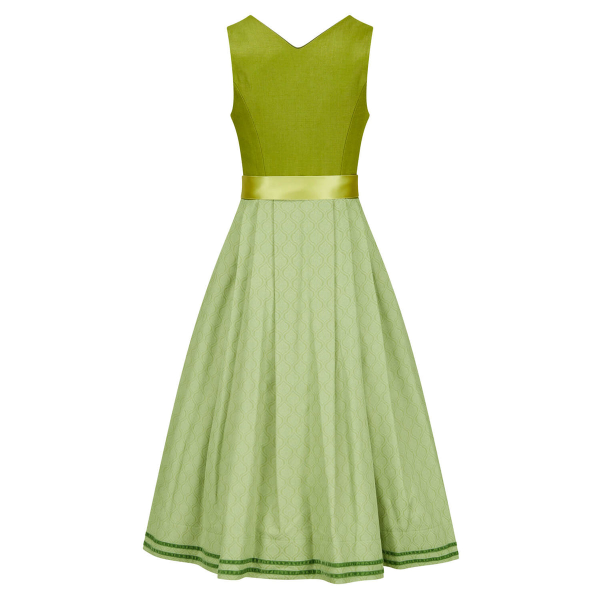 Grasgrünes Dirndl mit gemustertem Baumwollrock – Rückansicht mit V-Ausschnitt