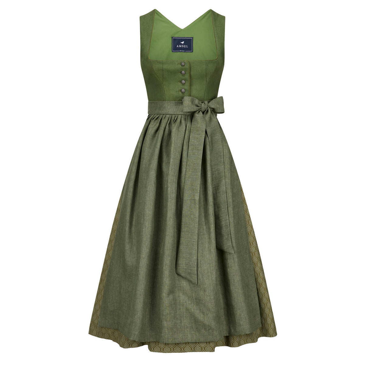Leinendirndl in Olivgrün mit Leinenmieder, gemustertem Baumwollrock und Schürze mit Bindeband – elegante Vorderansicht