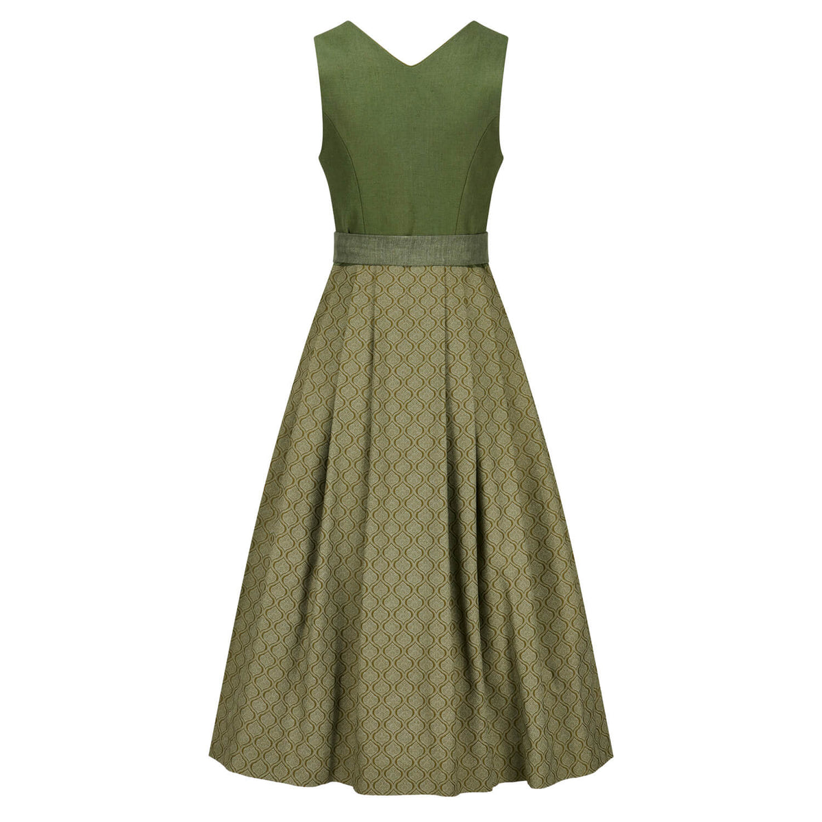 Rückseite des olivgrünen Dirndls mit gemustertem Rock und schlichtem Leinenmieder – klassische Rückenansicht