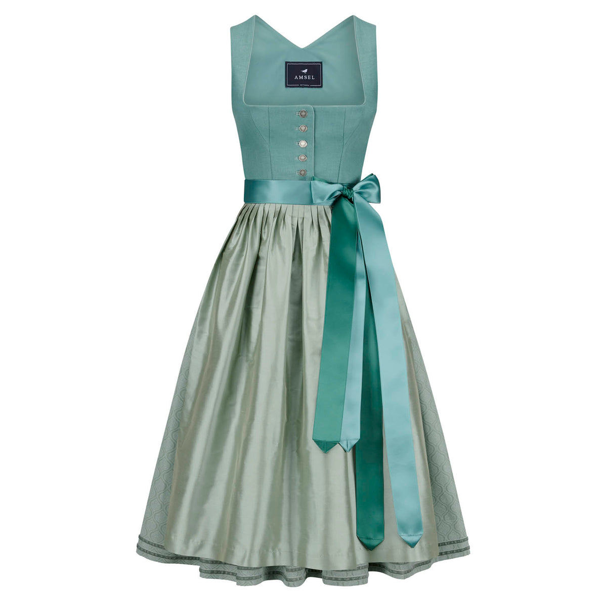 Leinendirndl Nele in Eucalyptus mit Seidenschürze – sommerlich & elegant