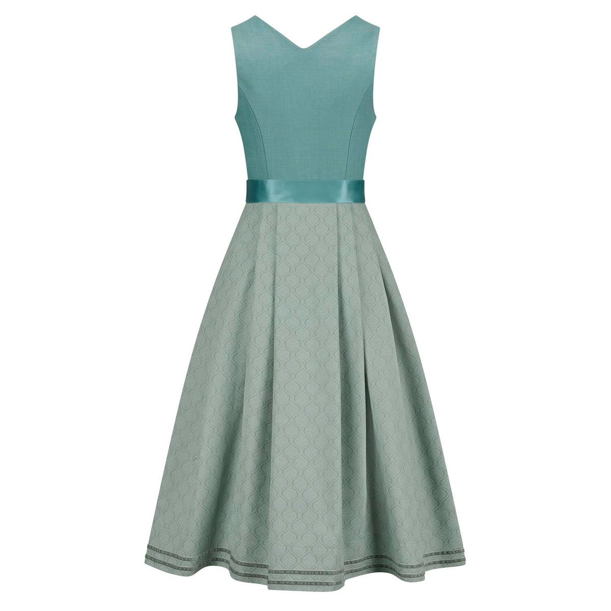 Leinendirndl Nele Rückansicht mit Baumwollrock und Musterprint in Eucalyptus