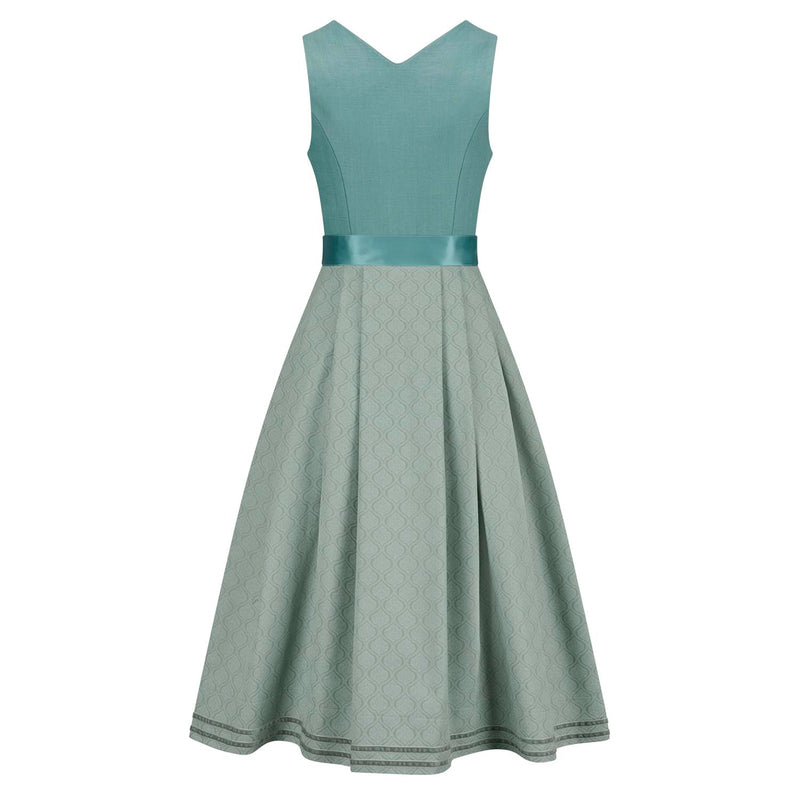 Leinendirndl Nele Rückansicht mit Baumwollrock und Musterprint in Eucalyptus