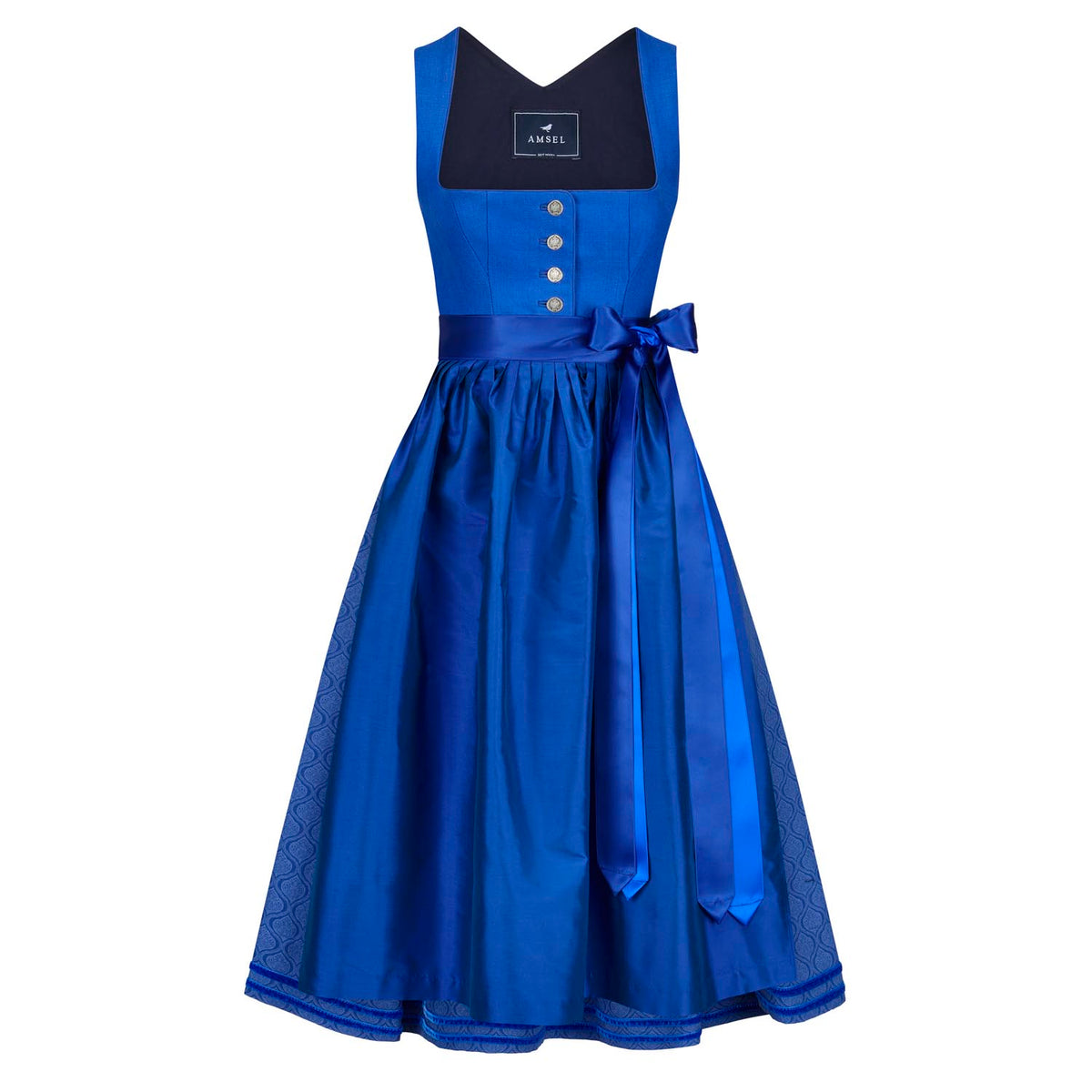 Leinendirndl in Royalblau mit eckigem Ausschnitt, Seidenschürze und Knopfleiste – elegante Vorderansicht