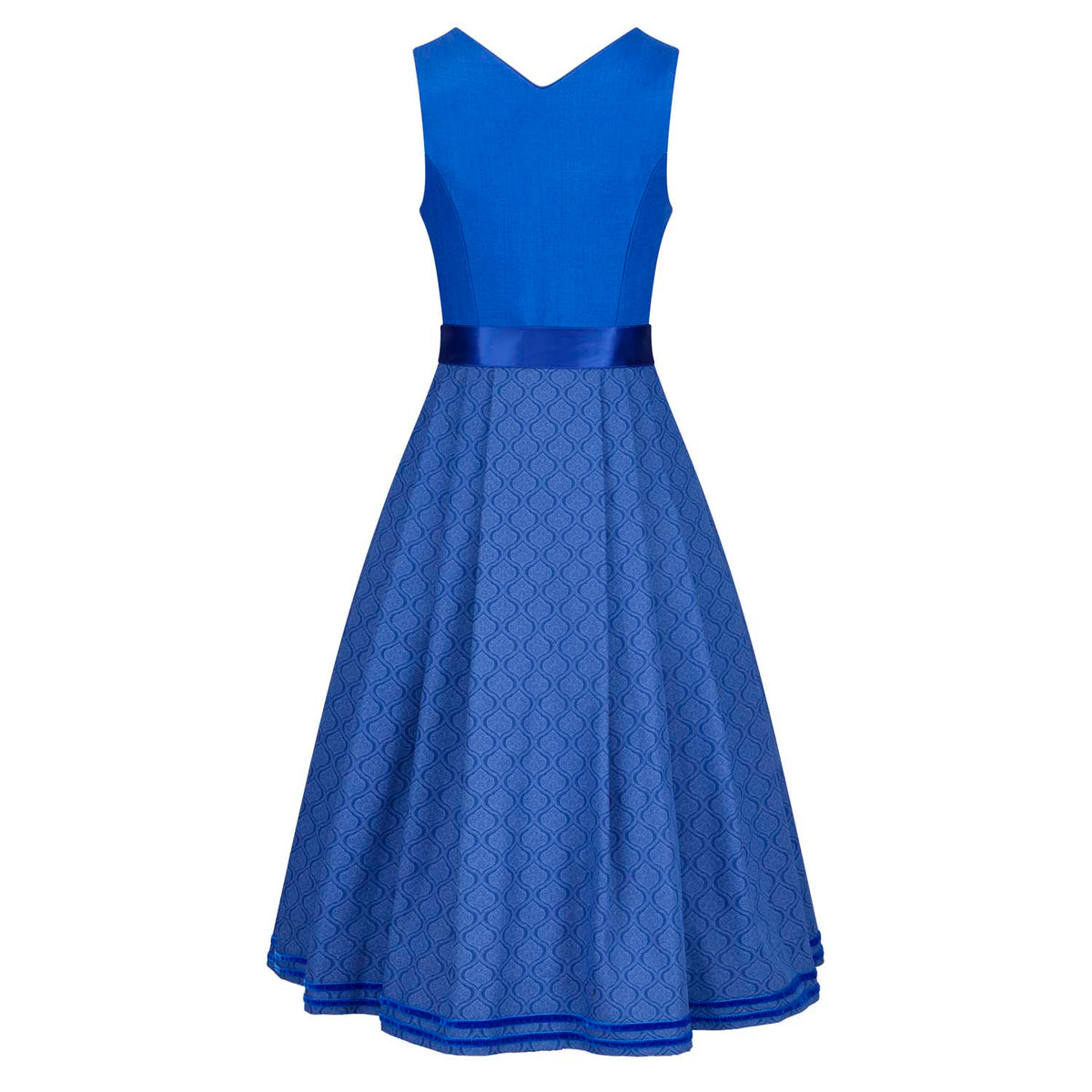 Dirndl in Royalblau mit gemustertem Baumwollrock und V-Ausschnitt am Rücken – Rückenansicht