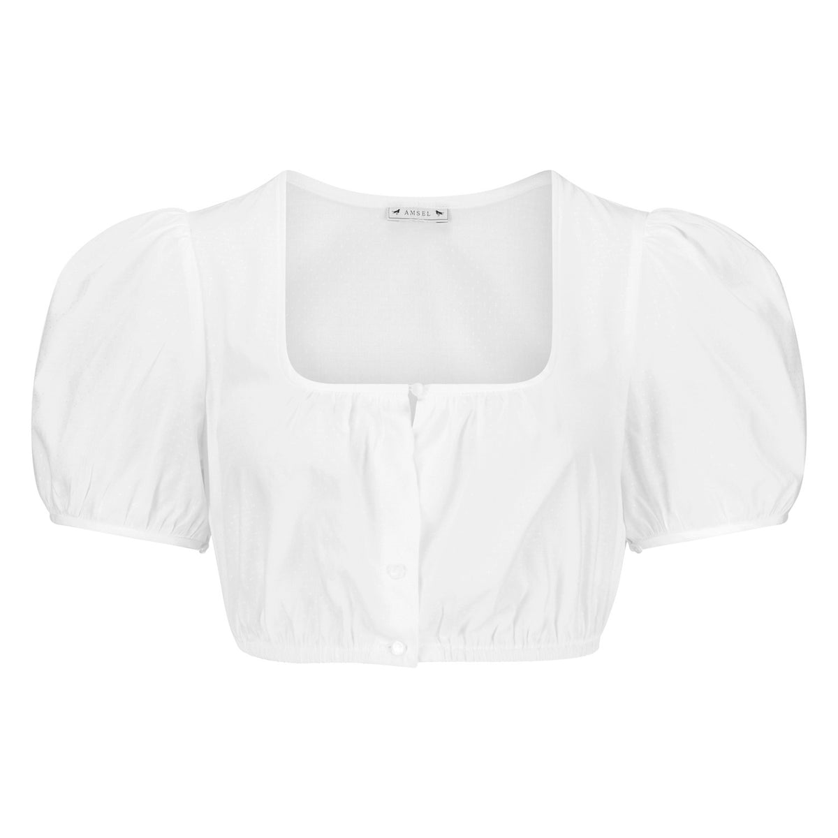 Weiße Dirndlbluse mit eckigem Ausschnitt, kurzen Puffärmeln und Knopfleiste – elegante Vorderansicht