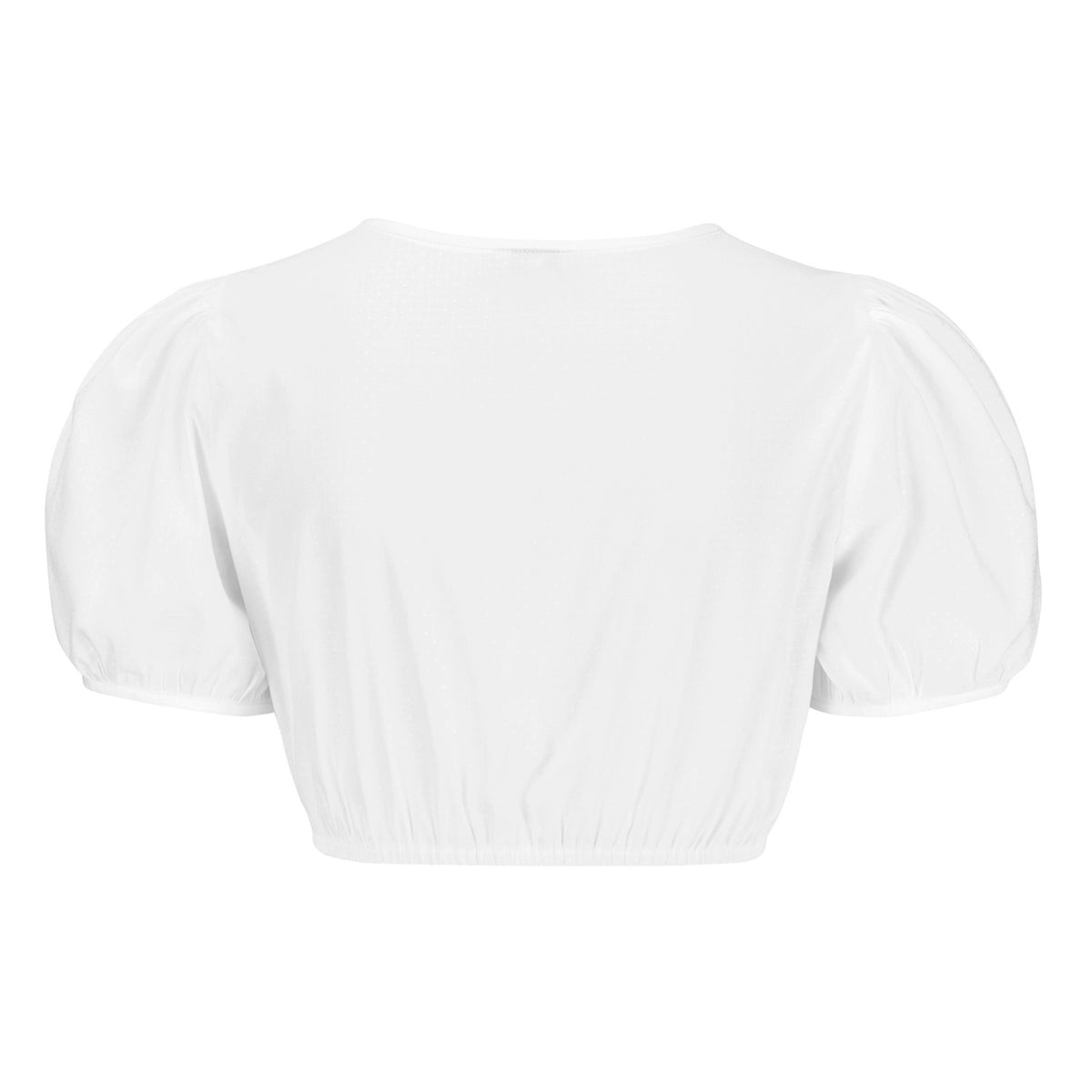 Weiße Dirndlbluse mit glattem Rücken und elastischem Saum – Rückenansicht mit Puffärmeln