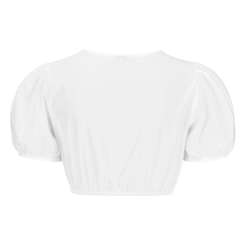 Weiße Dirndlbluse mit glattem Rücken und elastischem Saum – Rückenansicht mit Puffärmeln