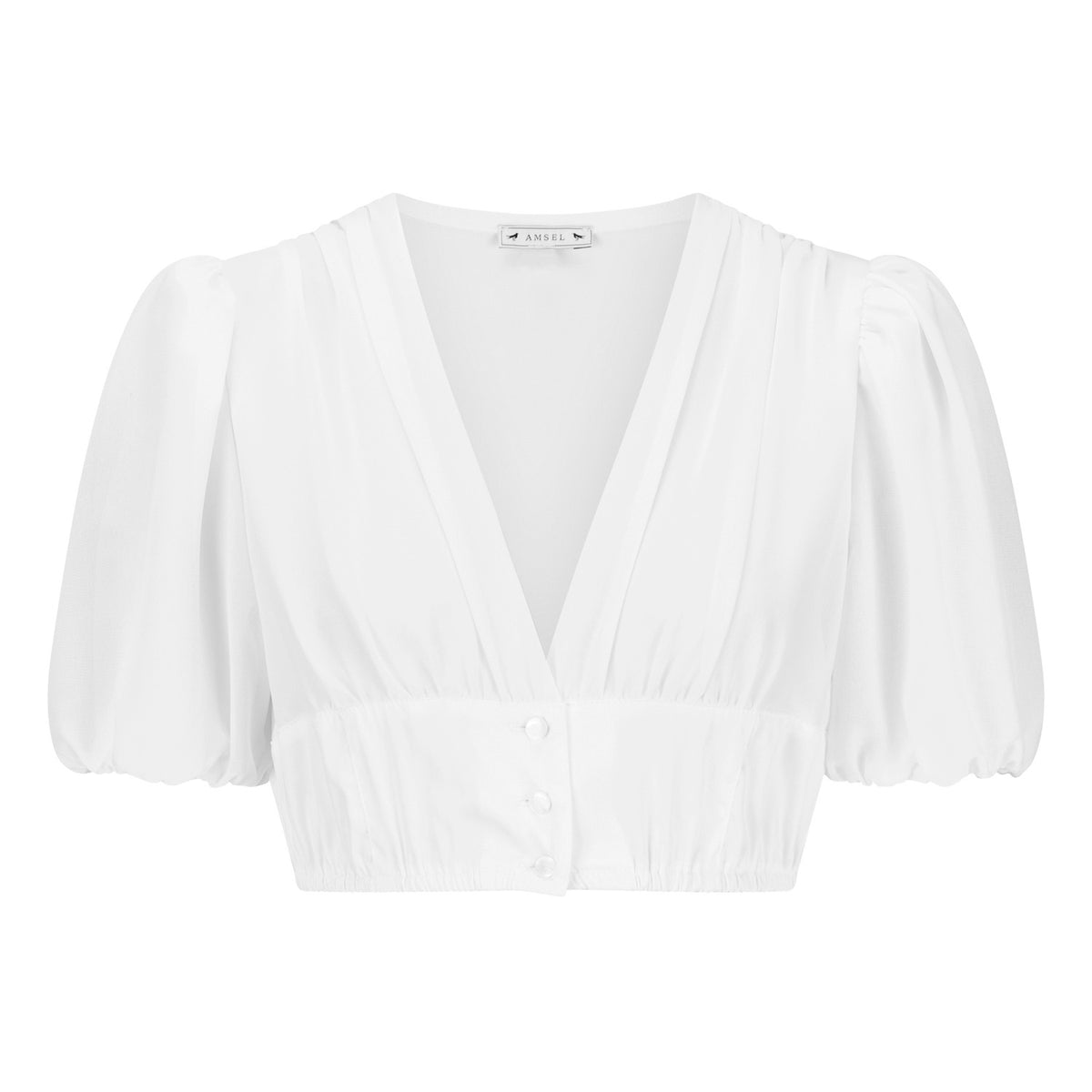 Weiße Dirndlbluse mit tiefem V-Ausschnitt, Chiffonärmeln und Knopfleiste – elegante Vorderansicht