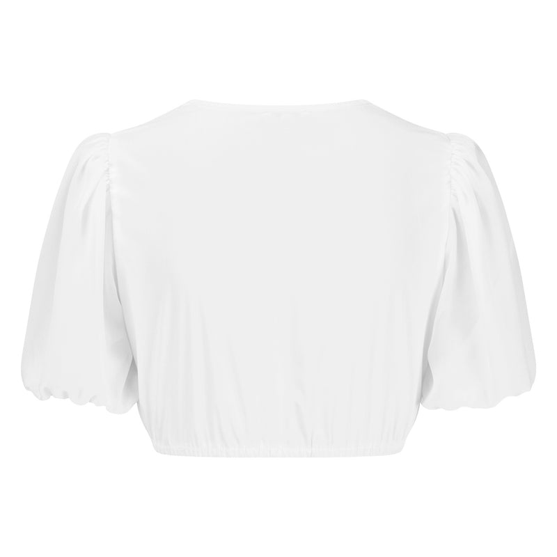 Weiße Dirndlbluse mit kurzen Puffärmeln aus Chiffon und elastischem Rückensaum – Rückenansicht