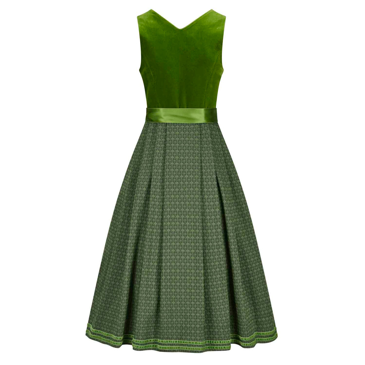 Grün gemustertes Dirndl mit Samtmieder und Schleife hinten – Rückansicht