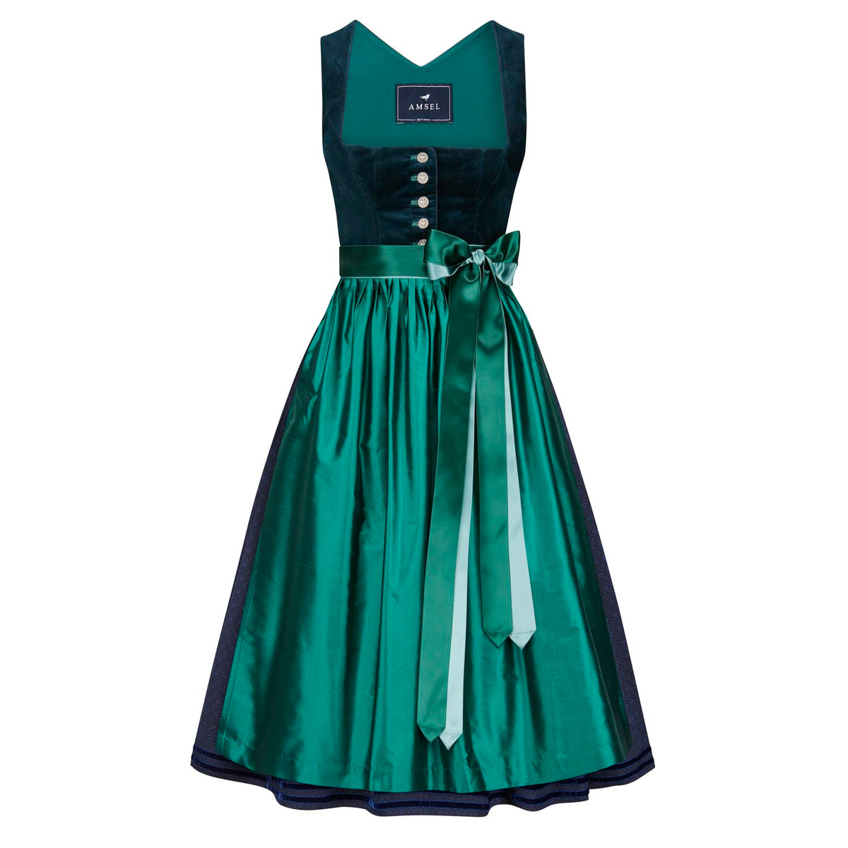 Samtdirndl in dunklem Blau mit Seidenschürze, Knopfleiste und Satinbandschleife – elegante Vorderansicht