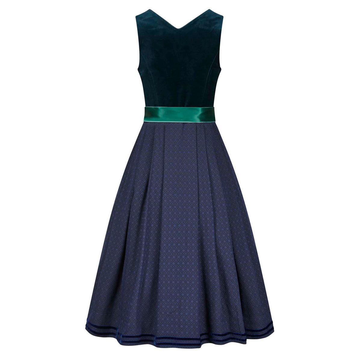 Rückansicht des aquagrünen Dirndls mit Samtmieder, gemustertem Rock und grünem Seidenband