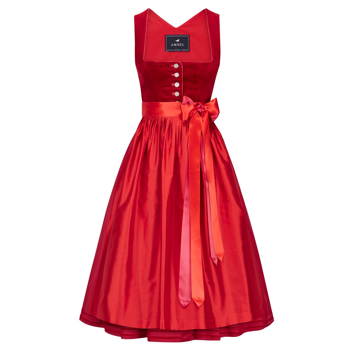 Rotes Samtdirndl mit quadratischem Ausschnitt, Seidenschürze und langen Satinbändern – elegante Vorderansicht