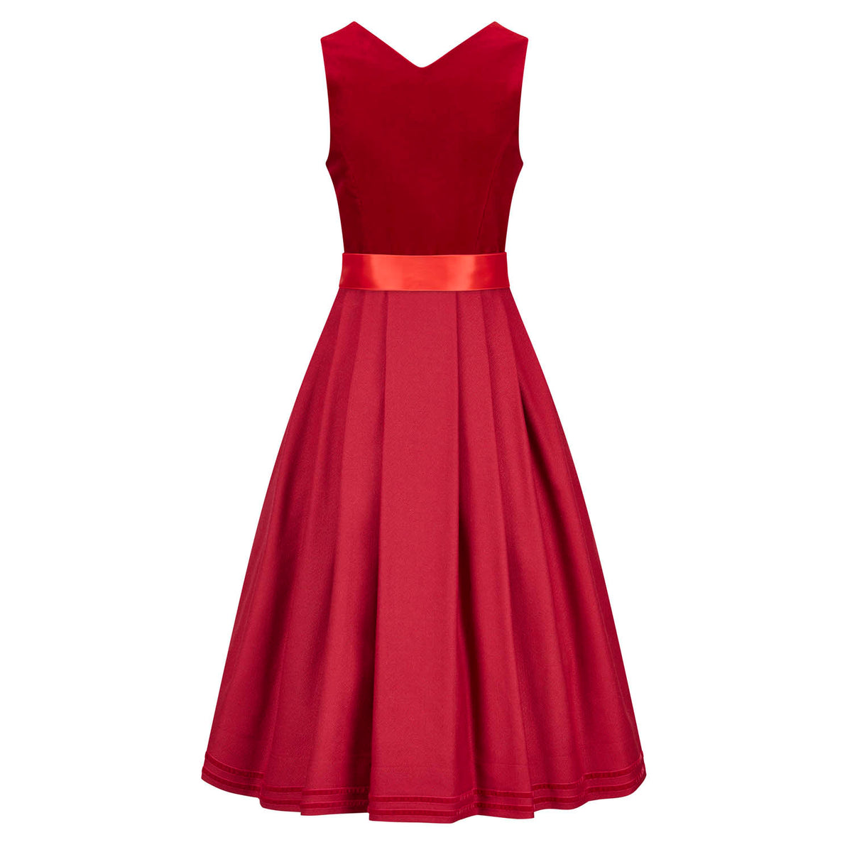 Rotes Dirndl von hinten mit V-Ausschnitt und schön fallendem Jacquardrock – stilvolle Rückansicht