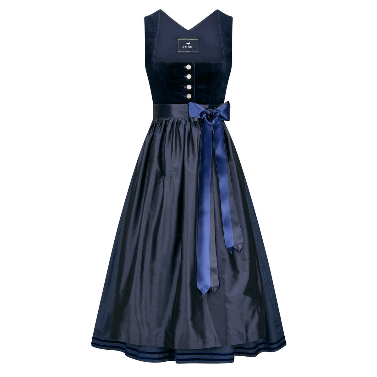 Langes Dirndl in Dunkelblau mit Samtmieder, gemustertem Rock, Wildseidenschürze und Satinbandschleife – elegante Vorderansicht